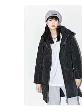 odbo/欧迪比欧高端黑色白鸭绒连帽羽绒服冬季女中长款外套