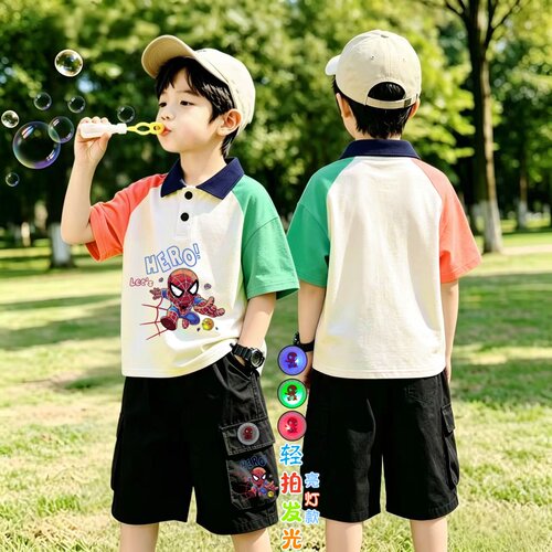 儿童蜘蛛侠POLO衫短袖套装夏季男童工装短裤洋气翻领上衣两件套潮