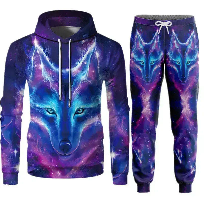 春秋3D立体印花星空狼头个性宽松大码男款卫衣+长裤卫裤运动套装