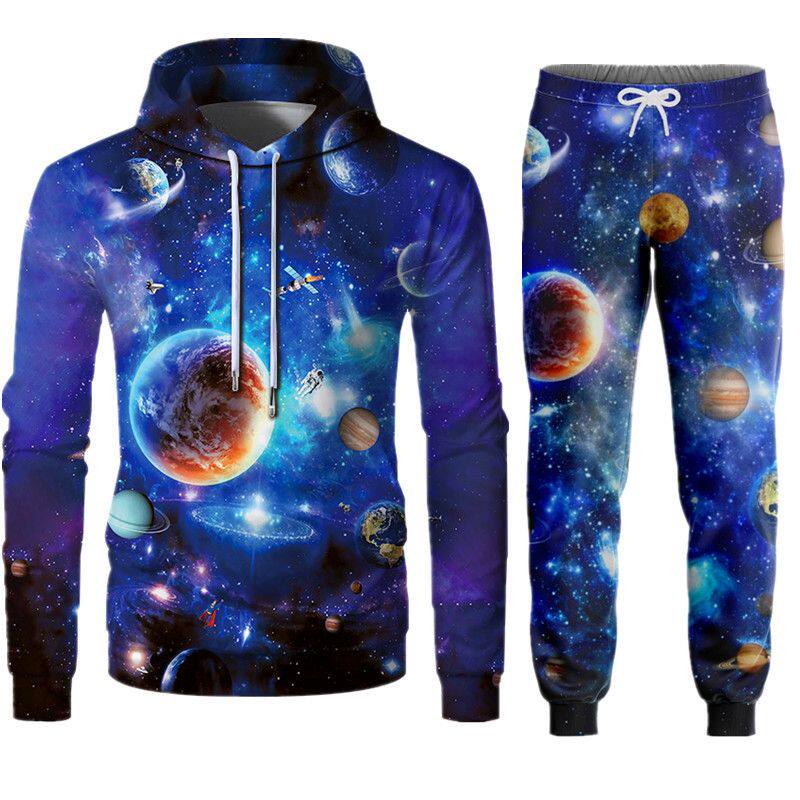 春秋3D立体印花宇宙星空个性宽松大码男款卫衣+长裤卫裤运动套装