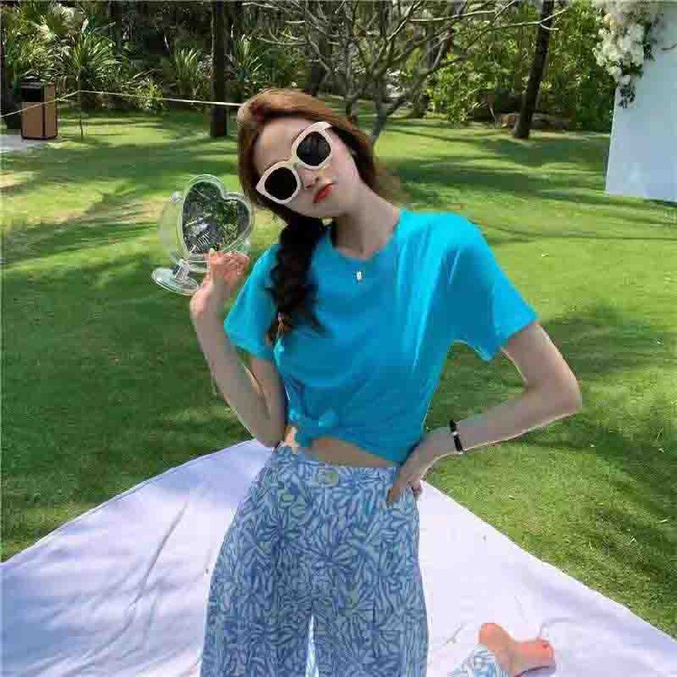 简约草绿玫红粉紫宝蓝黄色圆领短袖棉质T恤女紧身打底修身上衣夏