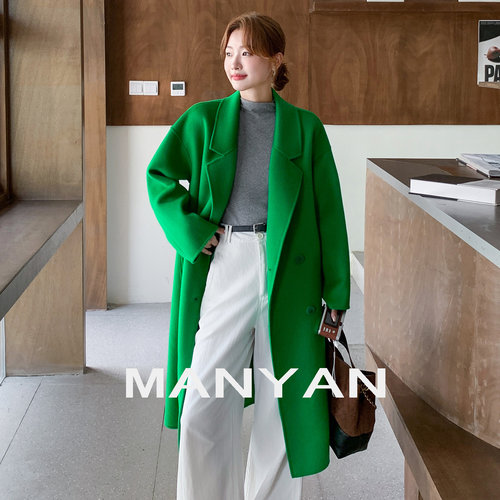 漫沿manyan绿色中长款羊毛大衣女