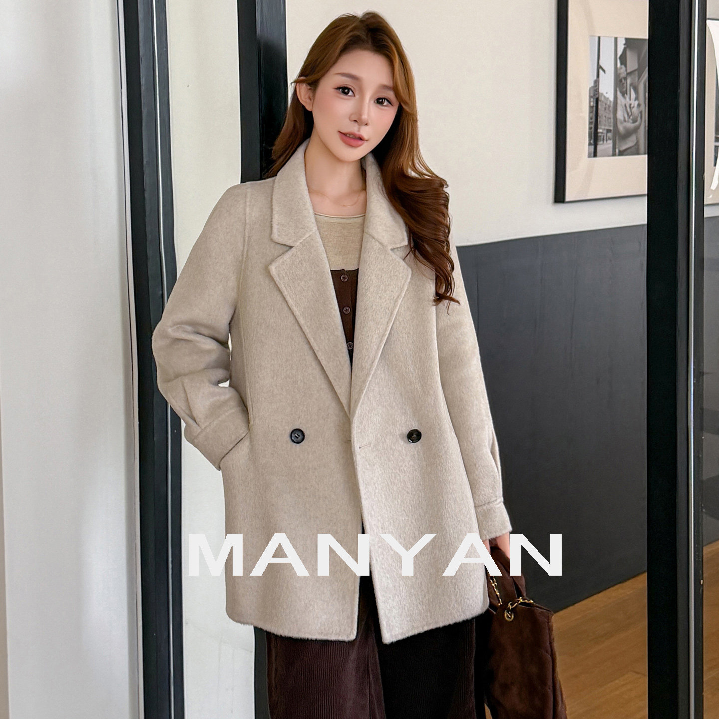 漫沿MANYAN正肩双面羊绒大衣女休闲羊毛西装宽松茧型双面呢短外套
