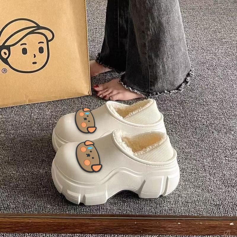 踩屎感增高厚底棉拖鞋女外穿秋冬季防滑防水加绒保暖可爱包跟棉鞋