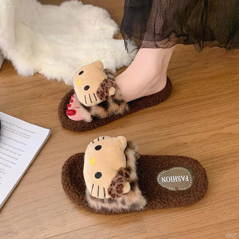可爱kitty豹纹毛毛拖鞋女生秋冬季外穿保暖家居棉拖鞋防滑一字拖