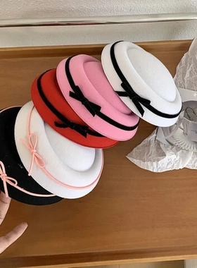 英伦水手帽女拍照日系丝绒圆顶小礼帽JK黑白海军帽蝴蝶结赫本