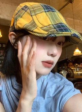 日系帽子贝雷帽小众夏女辣妹格子前进帽红色复古百搭小香薄款反戴