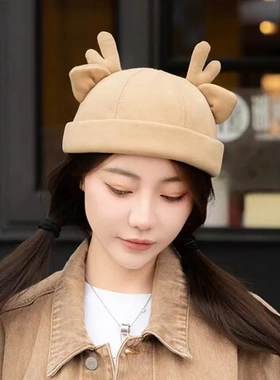 地痞百搭女潮妹帽子鹿角可爱地主帽帽子时尚瓜皮圣诞雅痞帽显脸小
