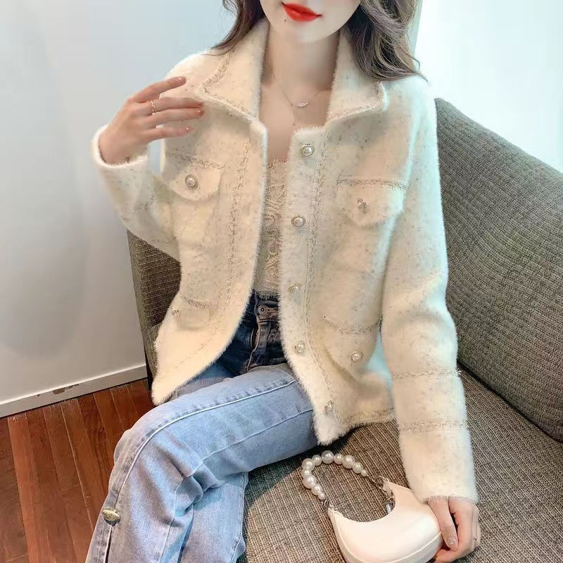 高级感甜美小香风短款外套2025秋冬新款时尚名媛仿水貂绒开衫上衣