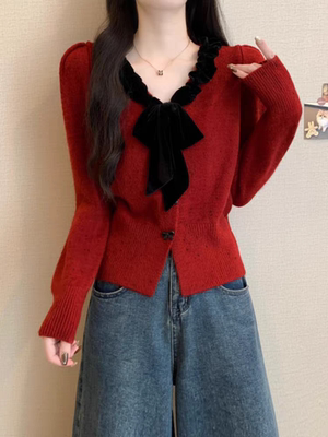 小香风V领针织开衫毛衣女秋款2025收腰显瘦高级感短款蝴蝶结上衣