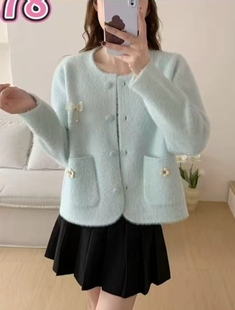 小香风圆领开衫仿水貂绒外套女2025秋冬装新款高级感减龄甜美上衣