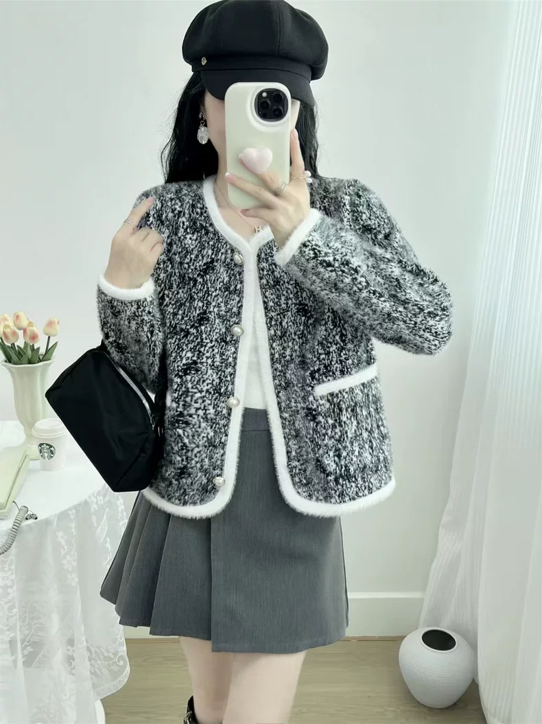 仿水貂绒小香风开衫外套女短款秋冬新款2025法式小众上衣毛衣外套
