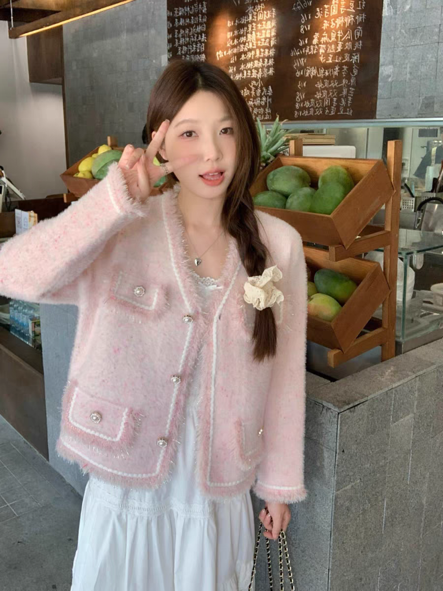 名媛轻奢粉色水貂绒小香风外套大码女装2025秋冬新款胖mm流苏上衣