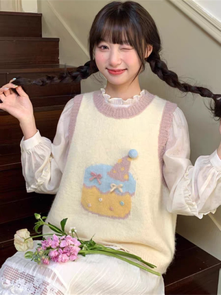 甜美可爱蛋糕提花针织马甲女2025新款春秋季外搭叠穿无袖背心上衣