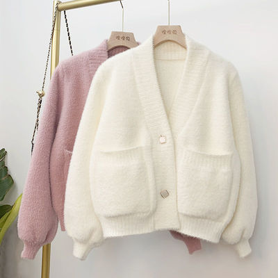 仿水貂绒针织开衫女新款韩版秋冬加厚短款小个子宽松外穿毛衣外套