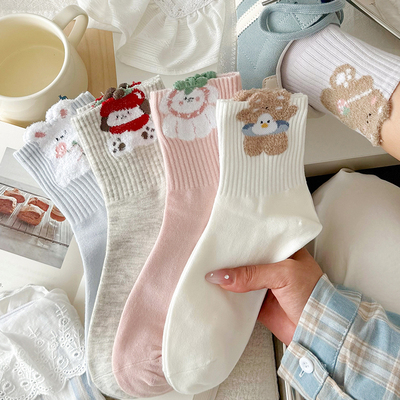 卡通羽毛纱秋冬袜子女生中筒袜透气棉袜可爱少女运动2026春季新款