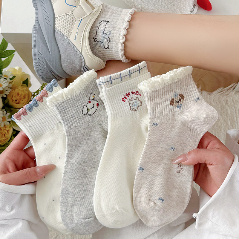 灰白袜子女短袜夏季薄款ins潮韩版可爱卡通小狗无骨运动透气棉袜