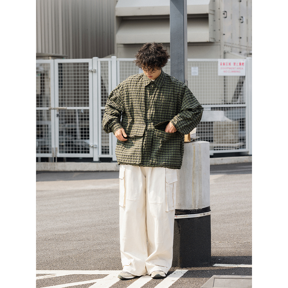 NOEARS日系cityboy绿色格子长袖大口袋百搭休闲百搭武士工装衬衫