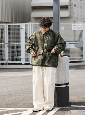 NOEARS日系cityboy绿色格子长袖大口袋百搭休闲百搭武士工装衬衫
