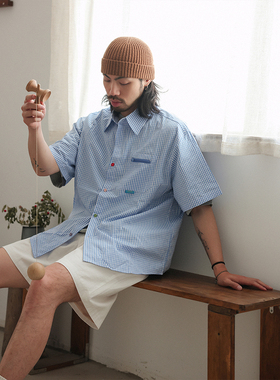 NOEARS夏季复古蓝色格子短袖衬衫日系cityboy通勤个性设计款衬衣