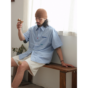 NOEARS夏季复古蓝色格子短袖衬衫日系cityboy通勤个性设计款衬衣