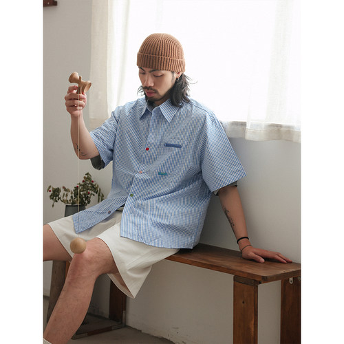 NOEARS夏季复古蓝色格子短袖衬衫日系cityboy通勤个性设计款衬衣