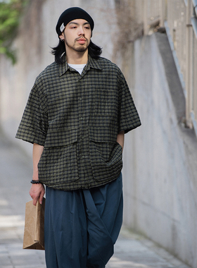 NOEARS夏季绿色格子短袖衬衫日系双贴袋设计感小众宽松休闲衬衣