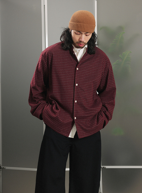 NOEARS新中式新年红格子立领夹克春季复古风宽松垂感磨毛外套薄款