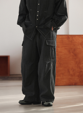 NOEARS日系复古灰色加绒工装长裤春秋宽松直筒设计感多口袋休闲裤