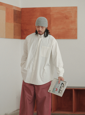 NOEARS日系方领宽松少年感白色落肩袖衬衫春秋复古休闲贴袋衬衣