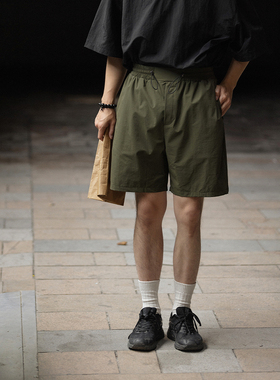 NOEARS日系松紧腰抽绳军绿色短裤夏季宽松设计感复古直筒五分裤