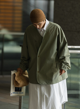 NOEARS日系绿色户外防水无领双排扣夹克男薄款复古工装外套高街潮