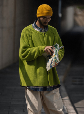 NOEARS复古绿色大圆领毛衣开衫粗针痞帅日系工装外套内搭打底潮酷