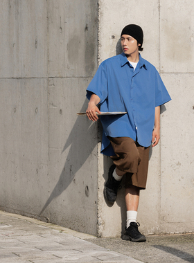NOEARS日系复古cleanfit纯色衬衫夏季雾蓝色宽松廓形方领短袖衬衣