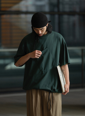 NOEARS日系复古绿色斜口袋短袖T恤夏季宽松落肩袖圆领设计感上衣