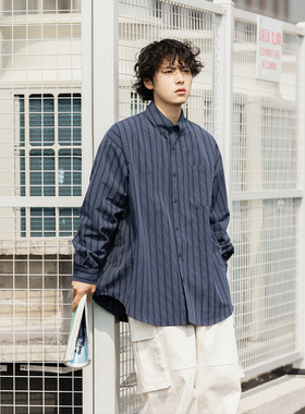NOEARS日系复古cityboy藏青条纹翻领长袖休闲宽松cleanfit衬衫