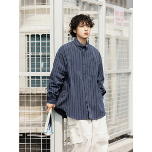 NOEARS日系复古cityboy藏青条纹翻领长袖 休闲宽松cleanfit衬衫