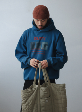 NOEARS春秋蓝色连帽宽松落肩套头印花卫衣美式复古长袖休闲上衣