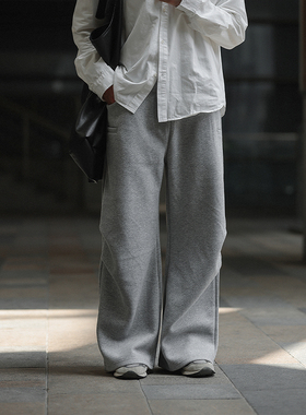 NOEARS日系复古花灰色松紧腰抽绳设计感宽松卫裤春秋直筒休闲长裤
