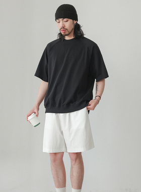 NOEARS日系复古拼接设计黑色宽松圆领短袖t夏季插肩袖设计感T恤