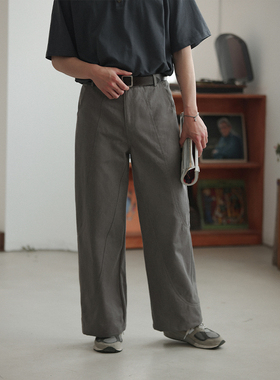 NOEARS日系复古灰色直筒分割设计长裤春夏简约宽松简约休闲裤