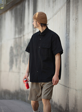 NOEARS日系黑色休闲痞帅衬衫男短袖宽松纯棉夏季薄款ins衬衣港风
