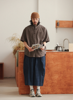 NOEARS春夏复古咖啡色盘扣设计感无领衬衫cityboy宽松落肩短袖