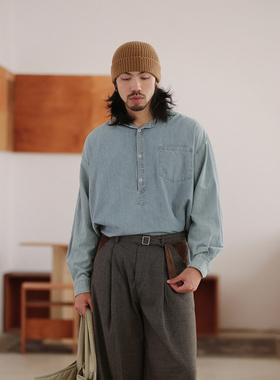 NOEARS日系复古牛仔蓝色水洗宽松长袖衬衫春秋半门襟做旧套头上衣
