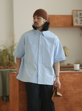NOEARS春夏蓝色宽门襟大口袋短袖衬衫日系复古cityboy宽松衬衣