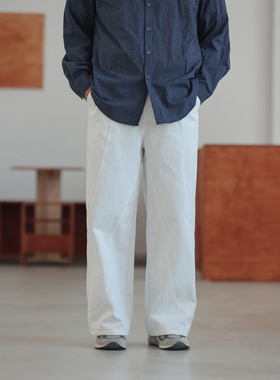 NOEARS春秋cityboy白色直筒宽松设计感休闲裤复古通勤分割线长裤