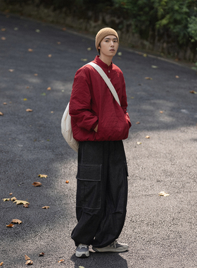 NOEARS复古红色小立领卫衣男秋冬加厚户外套头上衣宽松复古高街潮