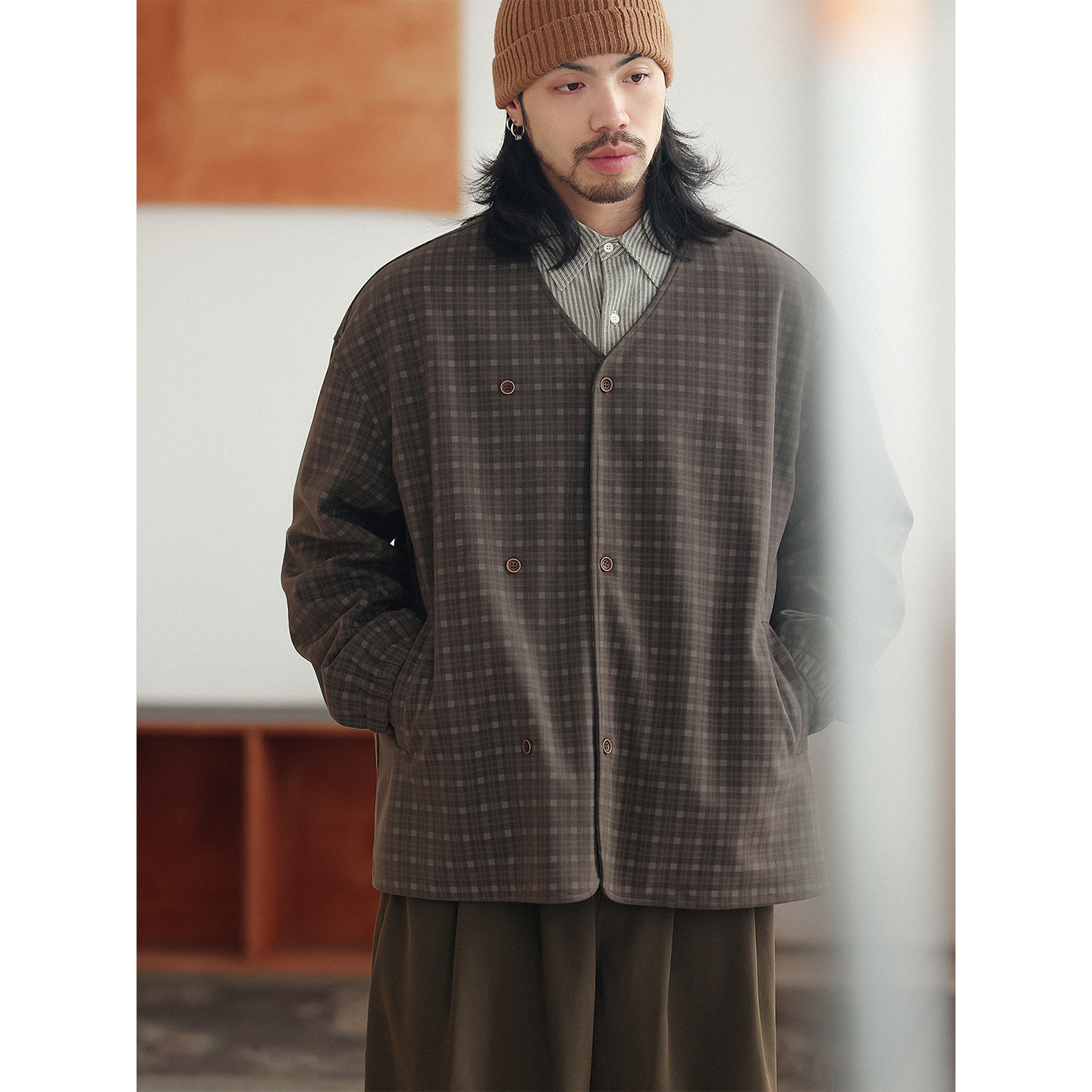 NOEARS日系少年感棕咖色磨毛无领格子外套冬季复古宽松廓形夹克