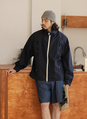 NOEARS日系复古藏青色可拆卸袖宽松上衣外套春季立领落肩袖夹克