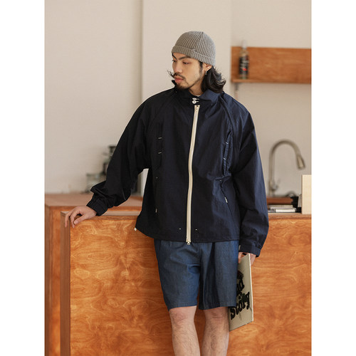 NOEARS日系复古藏青色可拆卸袖宽松上衣外套春季立领落肩袖夹克